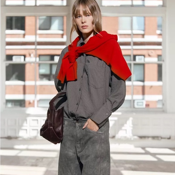 ZARA ZW COLLECTION STRIPED BUTTON DOWN SHIRT POCKET MODAL EDGY CAREER Gray L - Picture 7 of 12